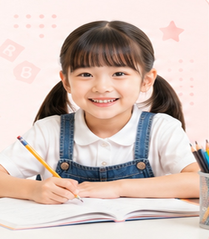เด็กผู้หญิงกำลังเขียนหนังสือสำหรับเตรียมสอบเข้า ป.1